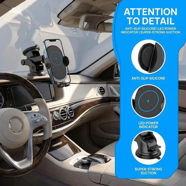 Alt view image 6 of 7 - Auto Clamping Phone Mount | Intelligent Qi Wireless Charging Cradle for CarPlay & Android | Ultra Stable Heavy Duty Dash & Windshield Clip for Pixel & Cell Phones