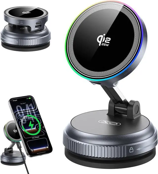 Main image of Qi2.2 Magnetic Car Mount Charger 25W Fast Wireless Charging Stand with RGB Light 360° Rotating Suction Phone Holder for Your Car Compatible with iPhone 12-17 S26/S25