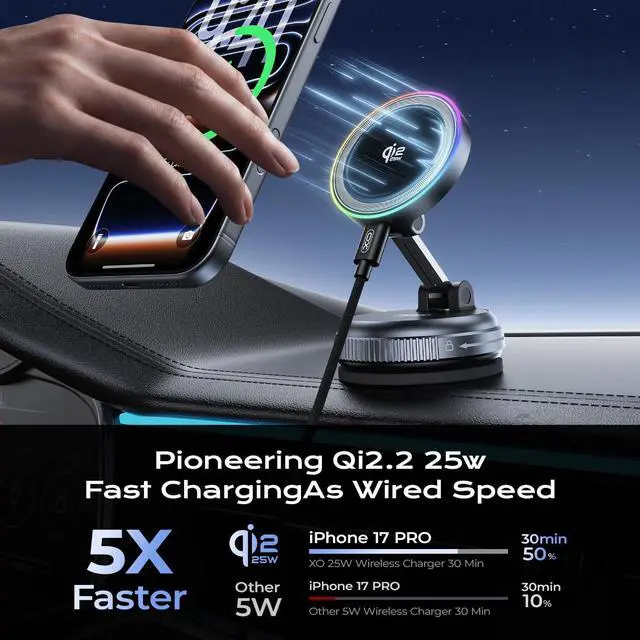 Alt view image 2 of 7 - Qi2.2 Magnetic Car Mount Charger 25W Fast Wireless Charging Stand with RGB Light 360° Rotating Suction Phone Holder for Your Car Compatible with iPhone 12-17 S26/S25