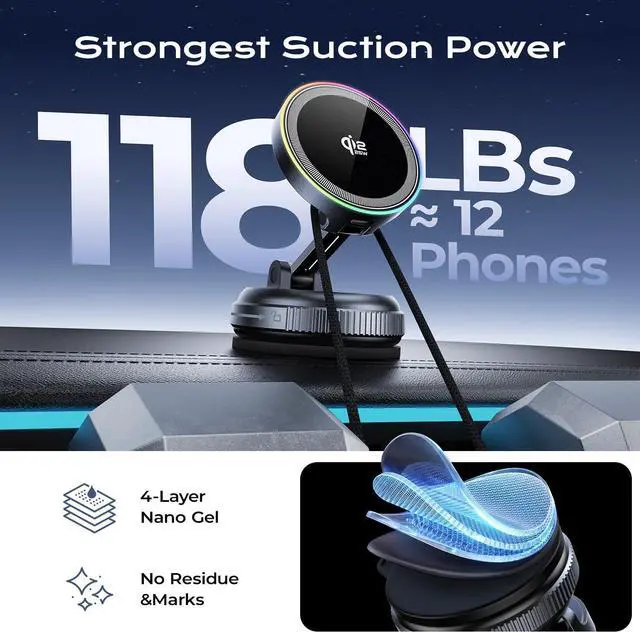 Alt view image 3 of 7 - Qi2.2 Magnetic Car Mount Charger 25W Fast Wireless Charging Stand with RGB Light 360° Rotating Suction Phone Holder for Your Car Compatible with iPhone 12-17 S26/S25