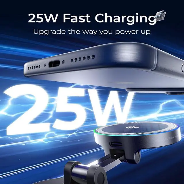 Alt view image 4 of 7 - Qi2.2 Magnetic Car Mount Charger 25W Fast Wireless Charging Stand with RGB Light 360° Rotating Suction Phone Holder for Your Car Compatible with iPhone 12-17 S26/S25