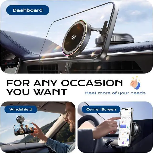 Alt view image 5 of 7 - Qi2.2 Magnetic Car Mount Charger 25W Fast Wireless Charging Stand with RGB Light 360° Rotating Suction Phone Holder for Your Car Compatible with iPhone 12-17 S26/S25