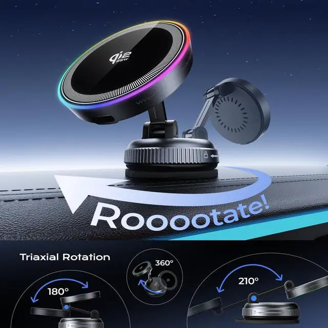 Alt view image 6 of 7 - Qi2.2 Magnetic Car Mount Charger 25W Fast Wireless Charging Stand with RGB Light 360° Rotating Suction Phone Holder for Your Car Compatible with iPhone 12-17 S26/S25