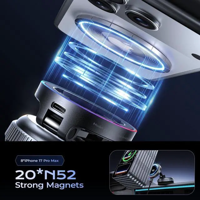 Alt view image 7 of 7 - Qi2.2 Magnetic Car Mount Charger 25W Fast Wireless Charging Stand with RGB Light 360° Rotating Suction Phone Holder for Your Car Compatible with iPhone 12-17 S26/S25