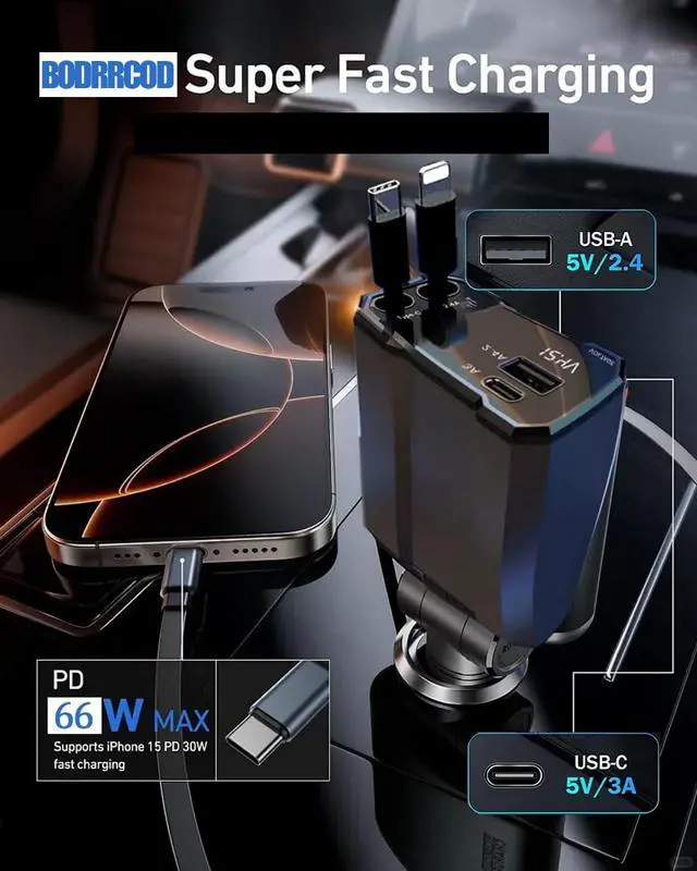 Alt view image 2 of 7 - Retractable Car Charger 4 in 1 Fast Car Charging USB C | Road Trip Essentials Travel Essentials Compatible with iPhone 16 15 14 13 12 Compatible with