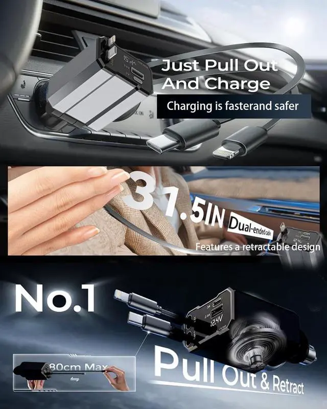Alt view image 4 of 7 - Retractable Car Charger 4 in 1 Fast Car Charging USB C | Road Trip Essentials Travel Essentials Compatible with iPhone 16 15 14 13 12 Compatible with