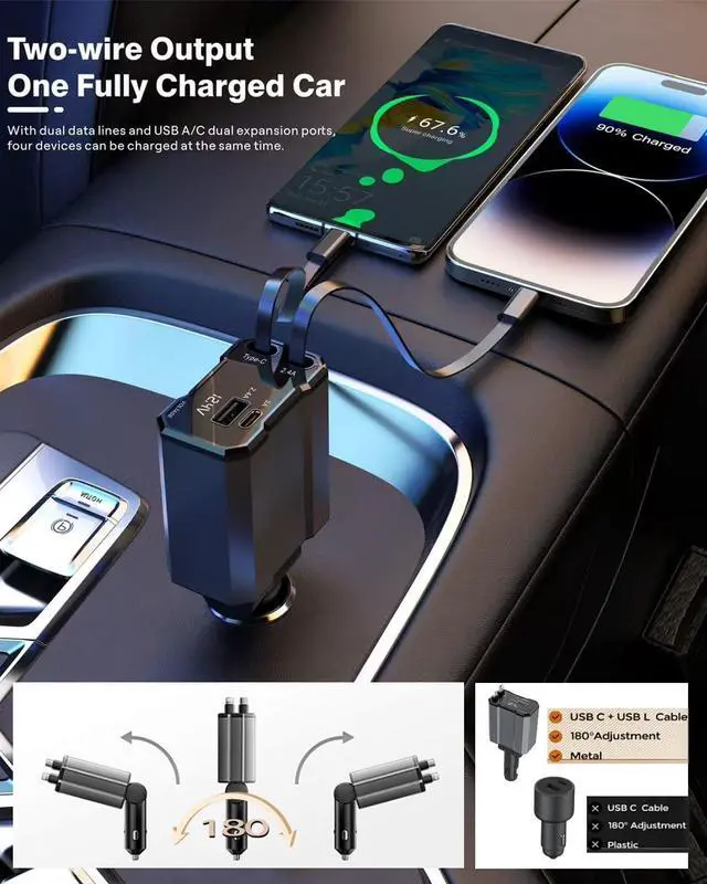 Alt view image 3 of 7 - Retractable Car Charger 4 in 1 Fast Car Charging USB C | Road Trip Essentials Travel Essentials Compatible with iPhone 16 15 14 13 12 Compatible with