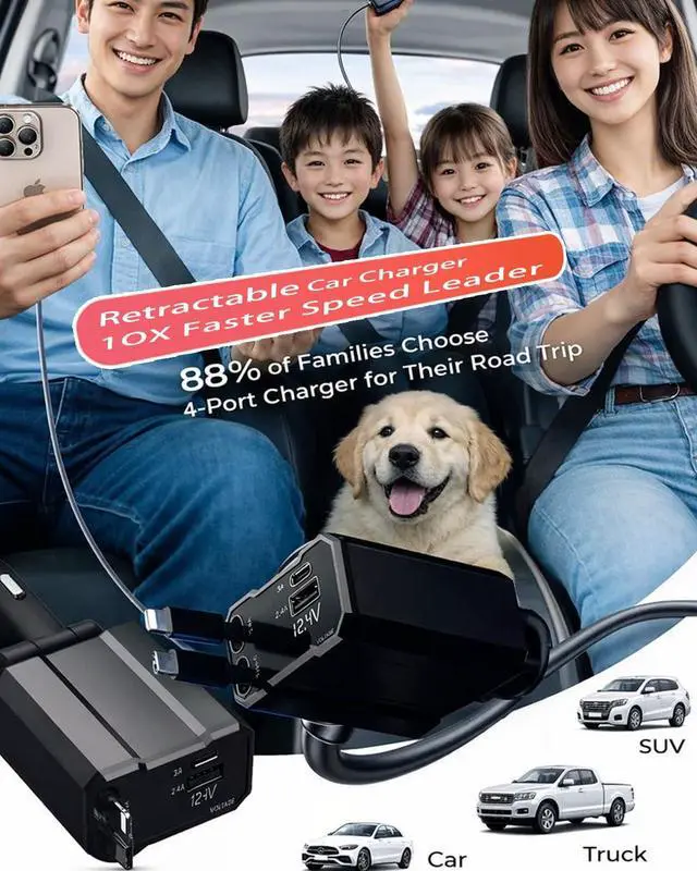 Alt view image 5 of 7 - Retractable Car Charger 4 in 1 Fast Car Charging USB C | Road Trip Essentials Travel Essentials Compatible with iPhone 16 15 14 13 12 Compatible with