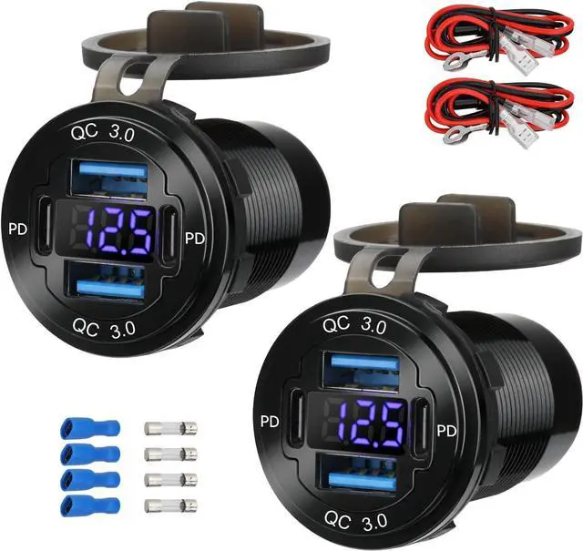 Main image of 2 Pack 12V USB Outlet 4-Port 78W Dual PD30W & QC3.0 Fast Charger Waterproof Aluminum Alloy 12v Power Outlet with Blue Voltmeter for Cars RVs Boats Golf Carts Trucks Motorcycles