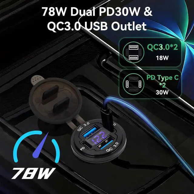 Alt view image 2 of 7 - 2 Pack 12V USB Outlet 4-Port 78W Dual PD30W & QC3.0 Fast Charger Waterproof Aluminum Alloy 12v Power Outlet with Blue Voltmeter for Cars RVs Boats Golf Carts Trucks Motorcycles