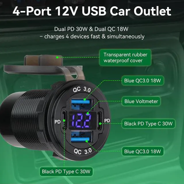 Alt view image 3 of 7 - 2 Pack 12V USB Outlet 4-Port 78W Dual PD30W & QC3.0 Fast Charger Waterproof Aluminum Alloy 12v Power Outlet with Blue Voltmeter for Cars RVs Boats Golf Carts Trucks Motorcycles