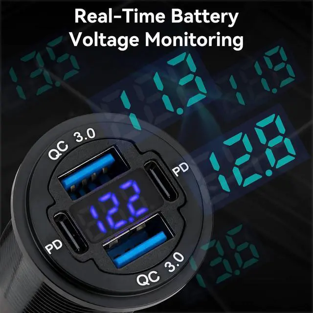Alt view image 4 of 7 - 2 Pack 12V USB Outlet 4-Port 78W Dual PD30W & QC3.0 Fast Charger Waterproof Aluminum Alloy 12v Power Outlet with Blue Voltmeter for Cars RVs Boats Golf Carts Trucks Motorcycles