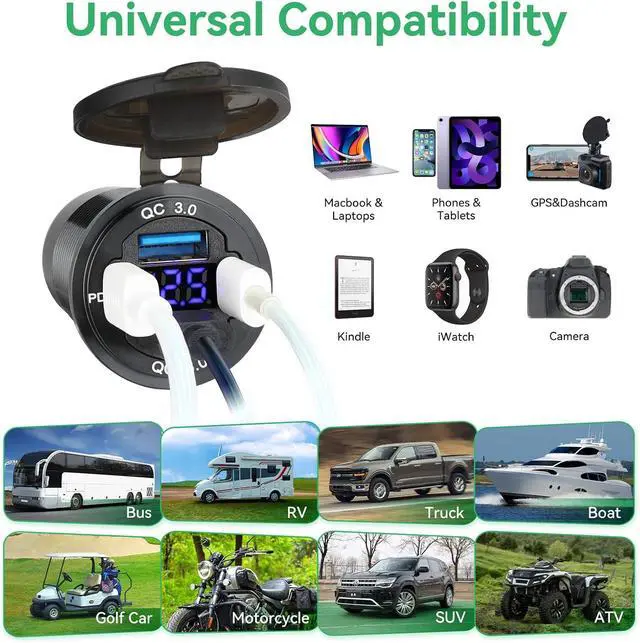 Alt view image 6 of 7 - 2 Pack 12V USB Outlet 4-Port 78W Dual PD30W & QC3.0 Fast Charger Waterproof Aluminum Alloy 12v Power Outlet with Blue Voltmeter for Cars RVs Boats Golf Carts Trucks Motorcycles