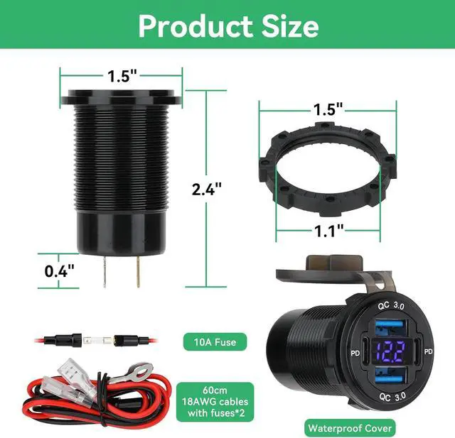 Alt view image 7 of 7 - 2 Pack 12V USB Outlet 4-Port 78W Dual PD30W & QC3.0 Fast Charger Waterproof Aluminum Alloy 12v Power Outlet with Blue Voltmeter for Cars RVs Boats Golf Carts Trucks Motorcycles