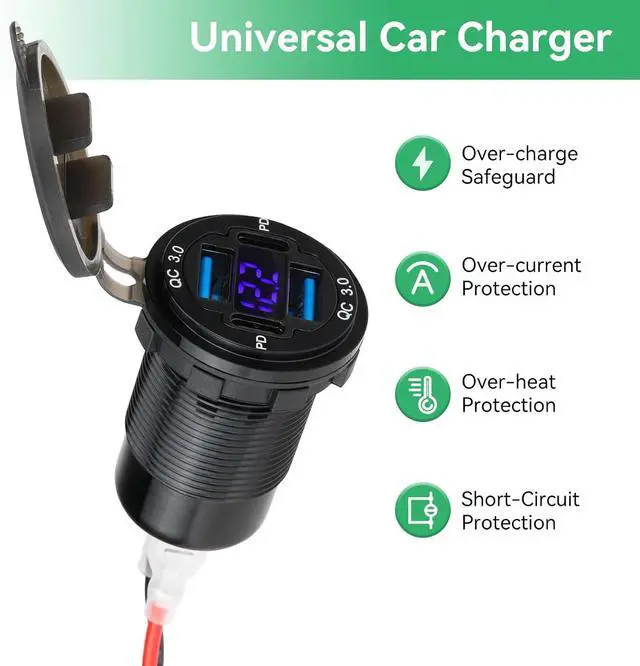 Alt view image 5 of 7 - 2 Pack 12V USB Outlet 4-Port 78W Dual PD30W & QC3.0 Fast Charger Waterproof Aluminum Alloy 12v Power Outlet with Blue Voltmeter for Cars RVs Boats Golf Carts Trucks Motorcycles