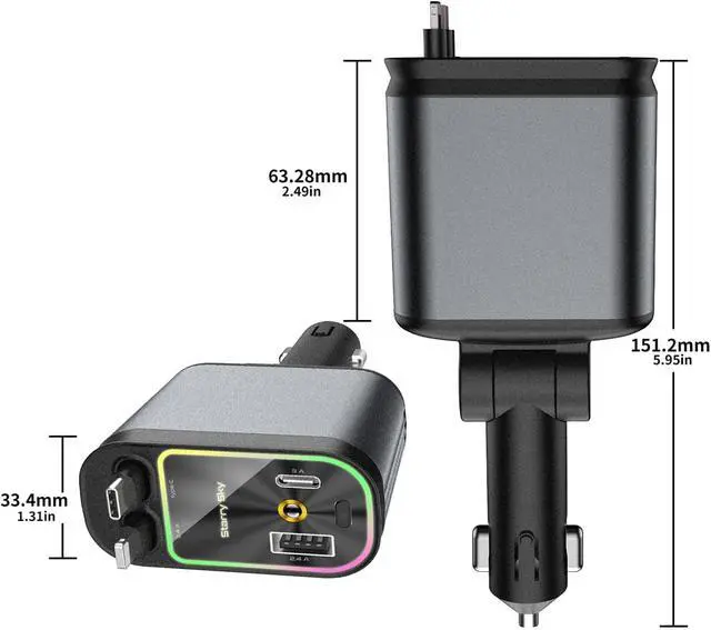 Alt view image 4 of 6 - Starlight Retractable Car Charger with Dual Type C Cables 66W Starlight in Car roof 4 in 1 Retractable Car Phone Charger Adapter Fast Charging USB C Cable Compatible with iPhone 17/16/15/14 Galaxy