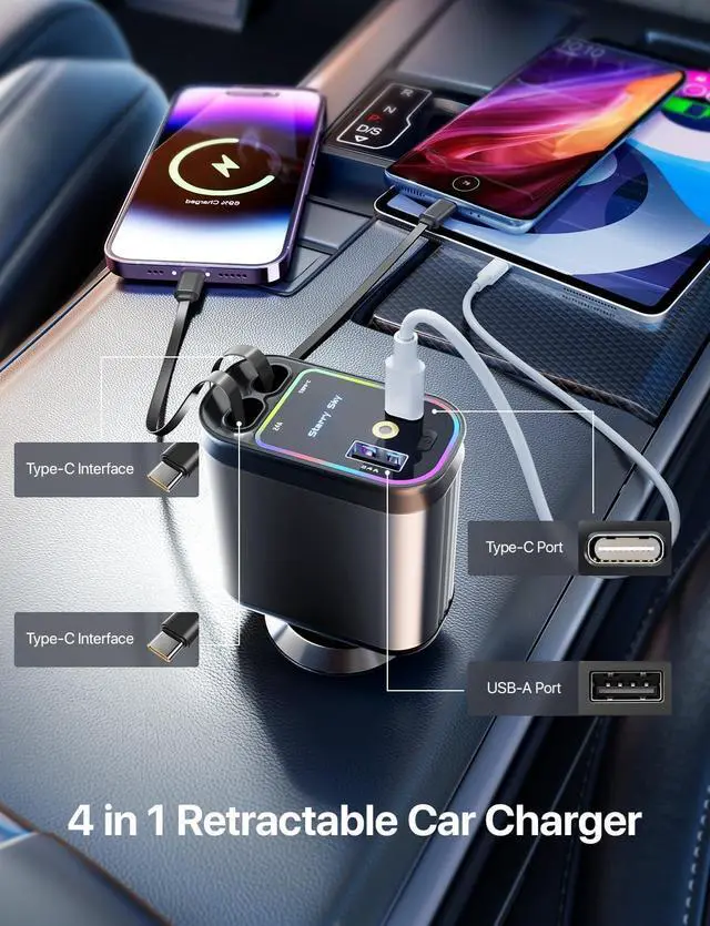 Alt view image 5 of 6 - Starlight Retractable Car Charger with Dual Type C Cables 66W Starlight in Car roof 4 in 1 Retractable Car Phone Charger Adapter Fast Charging USB C Cable Compatible with iPhone 17/16/15/14 Galaxy