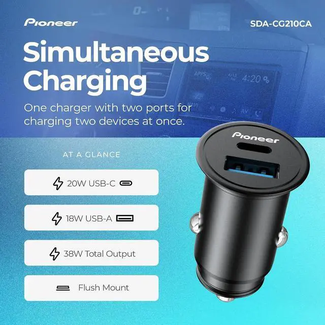 Alt view image 4 of 6 - Pioneer 20W USB-C Car Charger Dual Port Fast Car Charger with USB-C Power Delivery & 18W USB-A 2-Port Cigarette Lighter Adapter for iPhone Android
