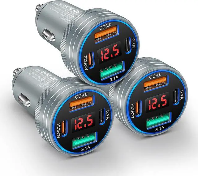 Main image of 3-Pack Car Charger 65W 4 Ports Super Fast Car Charger USB C with Voltage Meter USB-C + USB-A Cigarette Lighter Adapter Plug Compatibilie with iPhone 17/16/15 Galaxy S25/S24 Pixel Android Grey