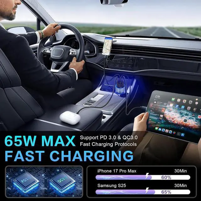 Alt view image 4 of 7 - 3-Pack Car Charger 65W 4 Ports Super Fast Car Charger USB C with Voltage Meter USB-C + USB-A Cigarette Lighter Adapter Plug Compatibilie with iPhone 17/16/15 Galaxy S25/S24 Pixel Android Grey
