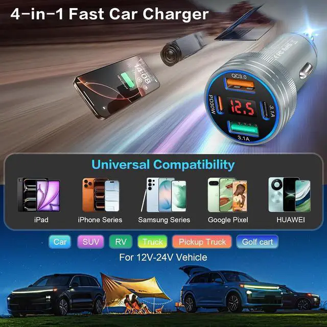 Alt view image 6 of 7 - 3-Pack Car Charger 65W 4 Ports Super Fast Car Charger USB C with Voltage Meter USB-C + USB-A Cigarette Lighter Adapter Plug Compatibilie with iPhone 17/16/15 Galaxy S25/S24 Pixel Android Grey