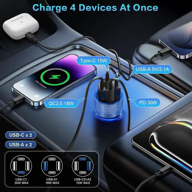 Alt view image 5 of 7 - 3-Pack Car Charger 65W 4 Ports Super Fast Car Charger USB C with Voltage Meter USB-C + USB-A Cigarette Lighter Adapter Plug Compatibilie with iPhone 17/16/15 Galaxy S25/S24 Pixel Android Grey