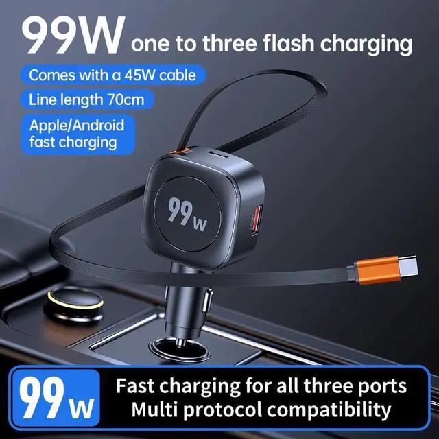 Alt view image 3 of 7 - Retractable Car Charger 99W USB C Car Charger Adapter 3-in-1 Multi Port Fast Charging Car Accessories Compatible with iPhone 17/16/15 Series
