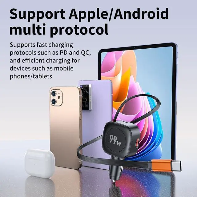 Alt view image 6 of 7 - Retractable Car Charger 99W USB C Car Charger Adapter 3-in-1 Multi Port Fast Charging Car Accessories Compatible with iPhone 17/16/15 Series