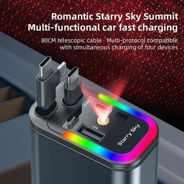 Alt view image 2 of 7 - 5 in 1 Retractable Car Charger with Starlight 120W Starlight in Car Roof Retractable Car Phone Charger Adapter Fast Charging USB C Cable Compatible with iPhone 17 16 15 14 13 12 11
