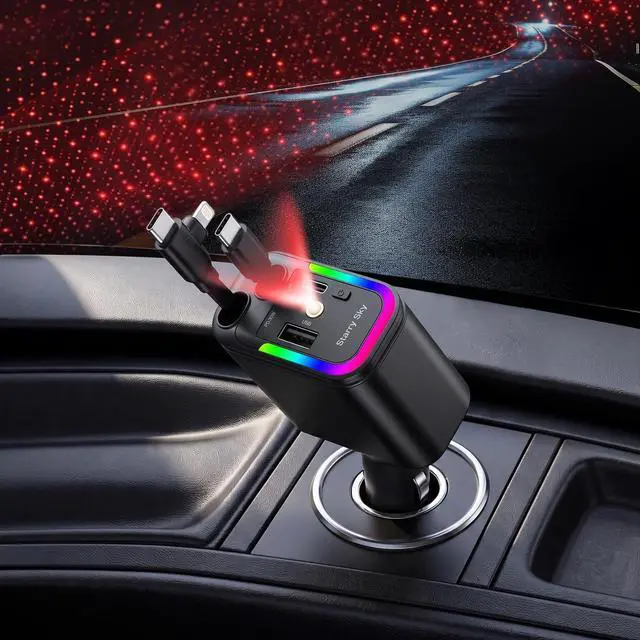 Main image of 5 in 1 Retractable Car Charger with Starlight 120W Starlight in Car Roof Retractable Car Phone Charger Adapter Fast Charging USB C Cable Compatible with iPhone 17 16 15 14 13 12 11