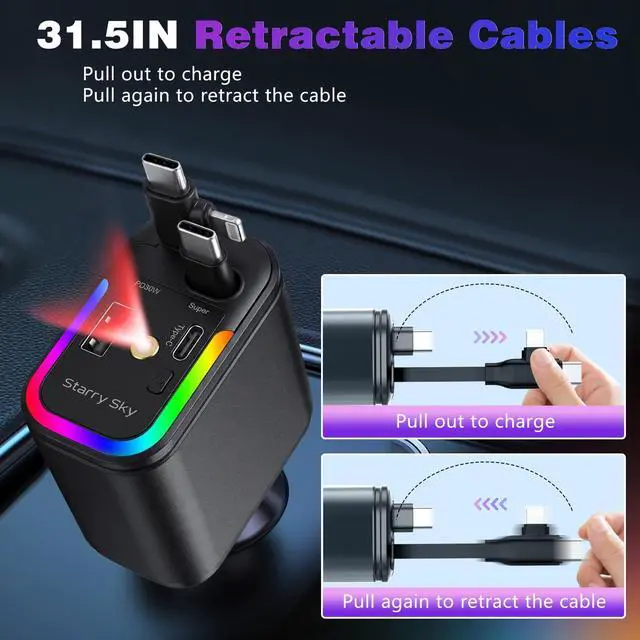 Alt view image 3 of 7 - 5 in 1 Retractable Car Charger with Starlight 120W Starlight in Car Roof Retractable Car Phone Charger Adapter Fast Charging USB C Cable Compatible with iPhone 17 16 15 14 13 12 11