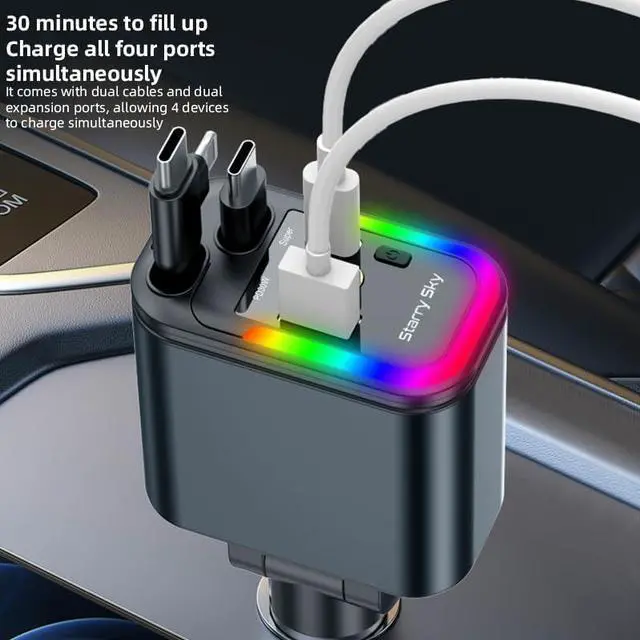 Alt view image 5 of 7 - 5 in 1 Retractable Car Charger with Starlight 120W Starlight in Car Roof Retractable Car Phone Charger Adapter Fast Charging USB C Cable Compatible with iPhone 17 16 15 14 13 12 11