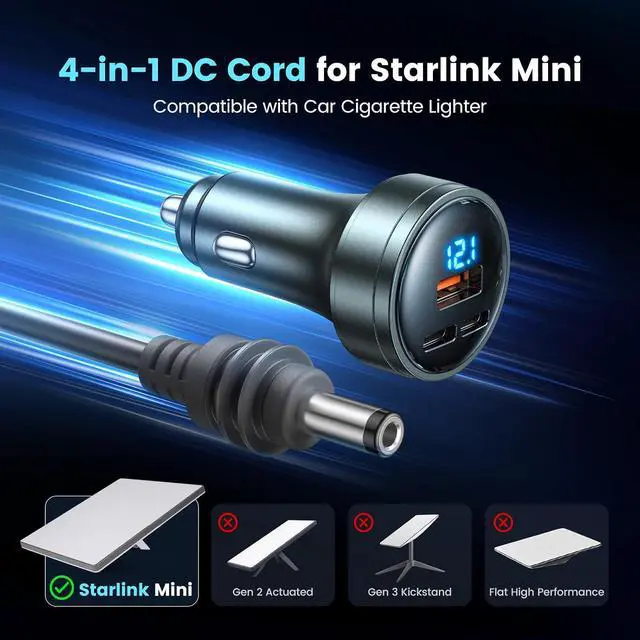 Alt view image 2 of 7 - Starlink Mini Car Adapter 10FT DC Cable with Digital Voltage Display 4-in-1 12-24V Cigarette Lighter USB-C PD45W & USB-A 18W Fast Charging for Car/Truck/RV 18AWG for Outdoor