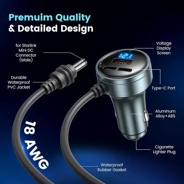 Alt view image 3 of 7 - Starlink Mini Car Adapter 10FT DC Cable with Digital Voltage Display 4-in-1 12-24V Cigarette Lighter USB-C PD45W & USB-A 18W Fast Charging for Car/Truck/RV 18AWG for Outdoor