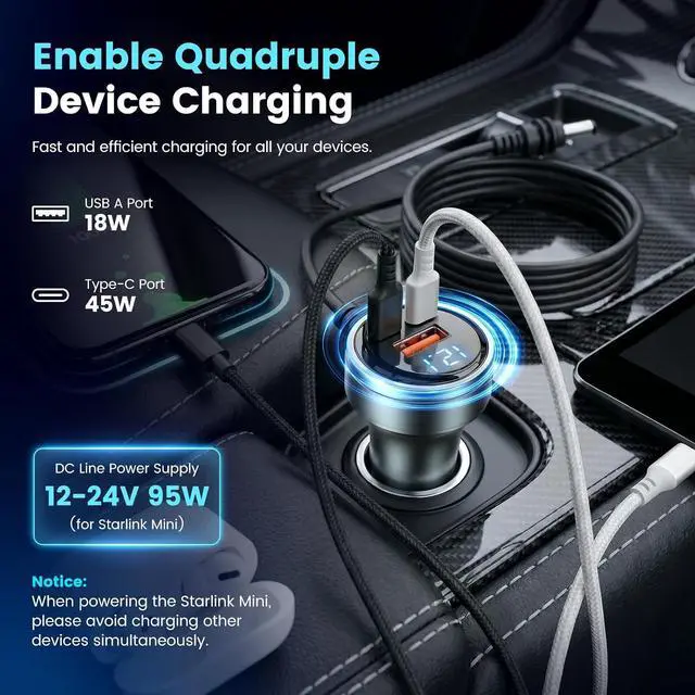 Alt view image 4 of 7 - Starlink Mini Car Adapter 10FT DC Cable with Digital Voltage Display 4-in-1 12-24V Cigarette Lighter USB-C PD45W & USB-A 18W Fast Charging for Car/Truck/RV 18AWG for Outdoor