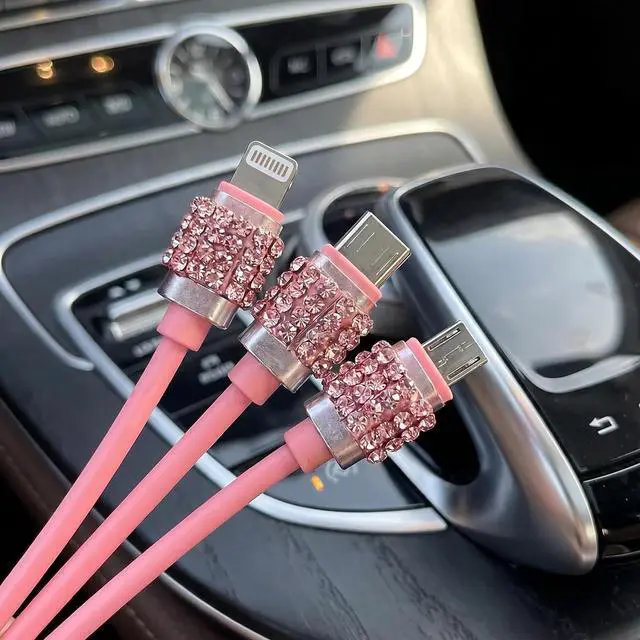 Alt view image 5 of 7 - Retractable 3 in 1 Car Charger Cable Fast Charging USB C Cord with Heart Shaped Diamond Design Compatible with Phone Tablet for Most Devices Car Accessories (Pink)