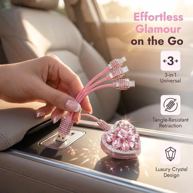 Alt view image 3 of 7 - Retractable 3 in 1 Car Charger Cable Fast Charging USB C Cord with Heart Shaped Diamond Design Compatible with Phone Tablet for Most Devices Car Accessories (Pink)