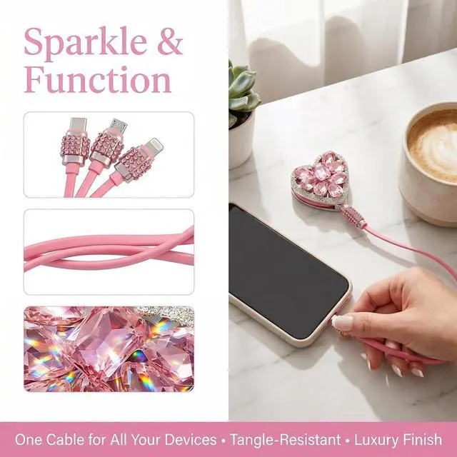 Alt view image 4 of 7 - Retractable 3 in 1 Car Charger Cable Fast Charging USB C Cord with Heart Shaped Diamond Design Compatible with Phone Tablet for Most Devices Car Accessories (Pink)