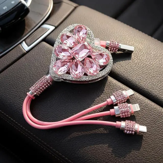 Alt view image 6 of 7 - Retractable 3 in 1 Car Charger Cable Fast Charging USB C Cord with Heart Shaped Diamond Design Compatible with Phone Tablet for Most Devices Car Accessories (Pink)