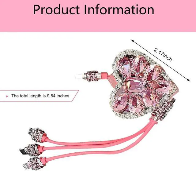 Alt view image 2 of 7 - Retractable 3 in 1 Car Charger Cable Fast Charging USB C Cord with Heart Shaped Diamond Design Compatible with Phone Tablet for Most Devices Car Accessories (Pink)