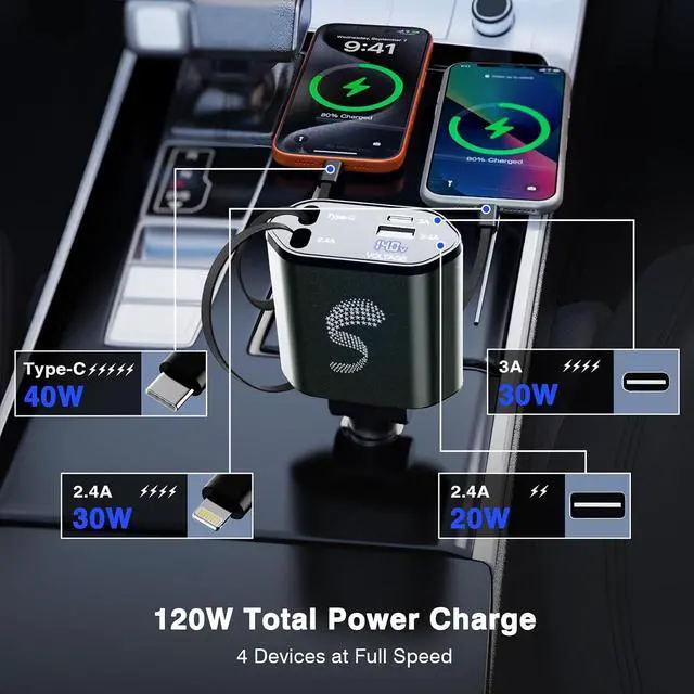 Alt view image 4 of 7 - Retractable Car Charger USB C Fast Charging 120W Car Accessories Cigarette Lighter Adapter Car iPhone17 16 15 14 13 Galaxy S26 Pixel Charger Travel Essentials Gift for Travelers Men Women
