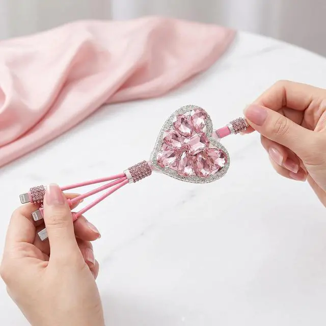 Alt view image 7 of 7 - Retractable 3 in 1 Car Charger Cable Fast Charging USB C Cord with Heart Shaped Diamond Design Compatible with Phone Tablet for Most Devices Car Accessories (Pink)