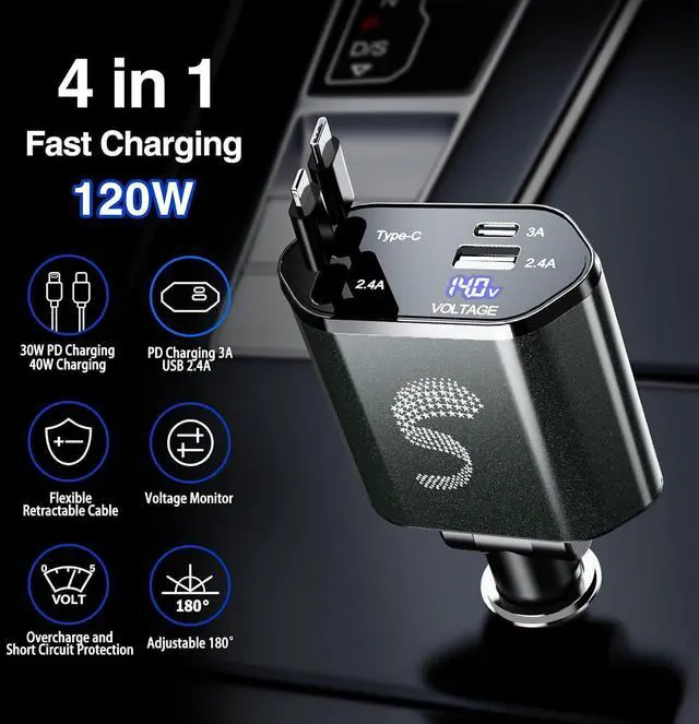 Alt view image 3 of 7 - Retractable Car Charger USB C Fast Charging 120W Car Accessories Cigarette Lighter Adapter Car iPhone17 16 15 14 13 Galaxy S26 Pixel Charger Travel Essentials Gift for Travelers Men Women