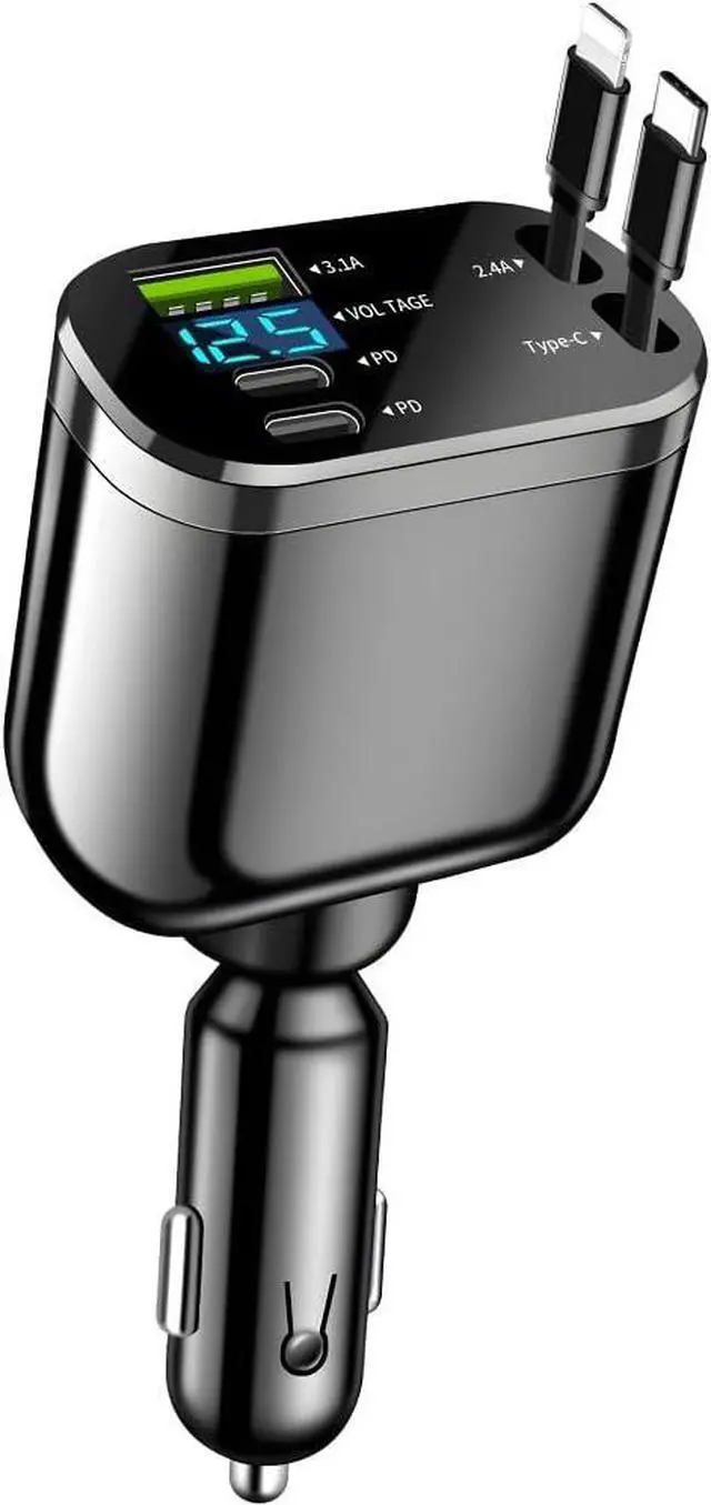 Main image of Retractable Car Charger 4 in 1 Super Fast Vehicle Phone Charger Adapter Auto Cellphone Charging Accessories with Dual Type C Cables & 2 USB Ports Universal for SUV Sedan Truck