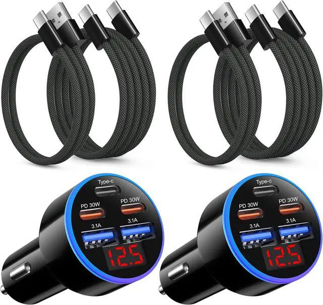 Main image of 90W 5-Port USB C Car Charger Dual PD30W Super Fast Charging for Galaxy S26 S25 A16 Android iPhone 17 16 15 Pro iPad Air 12v Cigarette Lighter Type C Car Chargers + 4Pack Type C Cords