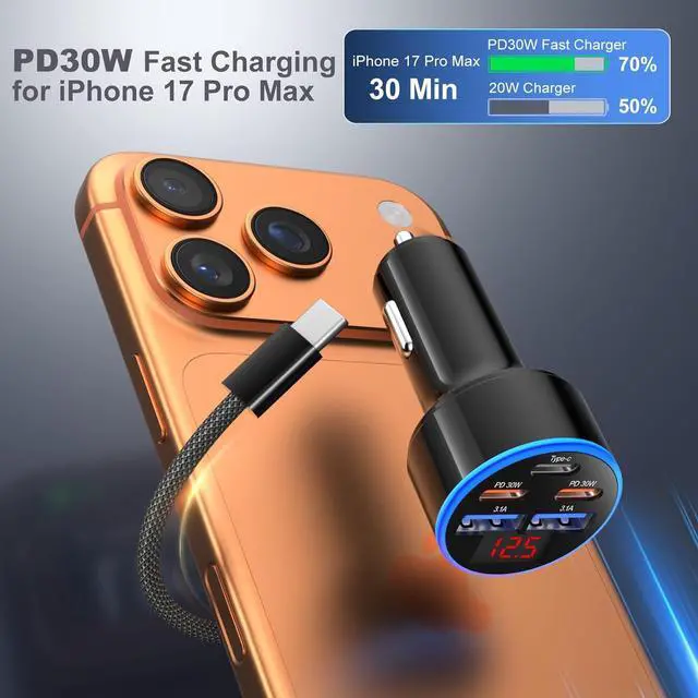 Alt view image 2 of 7 - 90W 5-Port USB C Car Charger Dual PD30W Super Fast Charging for Galaxy S26 S25 A16 Android iPhone 17 16 15 Pro iPad Air 12v Cigarette Lighter Type C Car Chargers + 4Pack Type C Cords