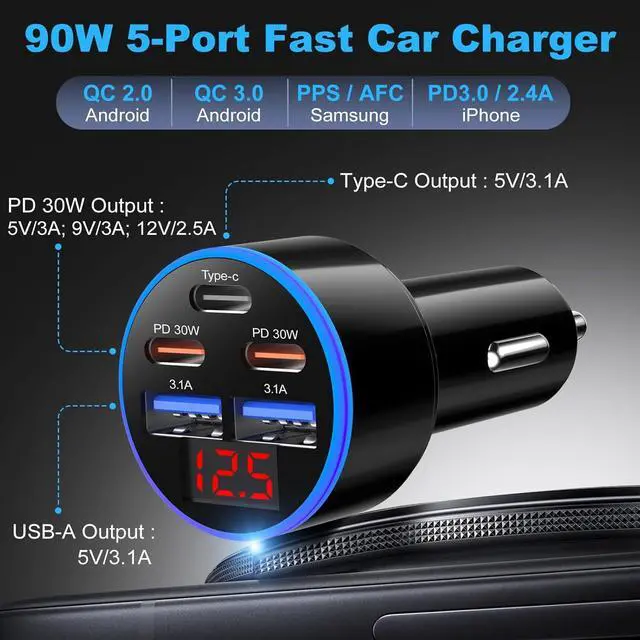 Alt view image 4 of 7 - 90W 5-Port USB C Car Charger Dual PD30W Super Fast Charging for Galaxy S26 S25 A16 Android iPhone 17 16 15 Pro iPad Air 12v Cigarette Lighter Type C Car Chargers + 4Pack Type C Cords