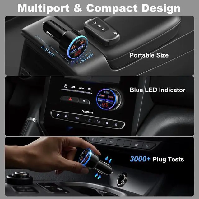 Alt view image 6 of 7 - 90W 5-Port USB C Car Charger Dual PD30W Super Fast Charging for Galaxy S26 S25 A16 Android iPhone 17 16 15 Pro iPad Air 12v Cigarette Lighter Type C Car Chargers + 4Pack Type C Cords