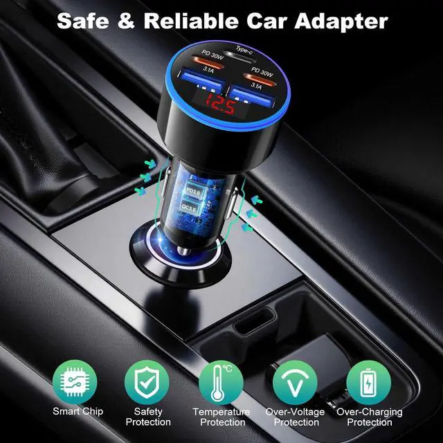 Alt view image 7 of 7 - 90W 5-Port USB C Car Charger Dual PD30W Super Fast Charging for Galaxy S26 S25 A16 Android iPhone 17 16 15 Pro iPad Air 12v Cigarette Lighter Type C Car Chargers + 4Pack Type C Cords
