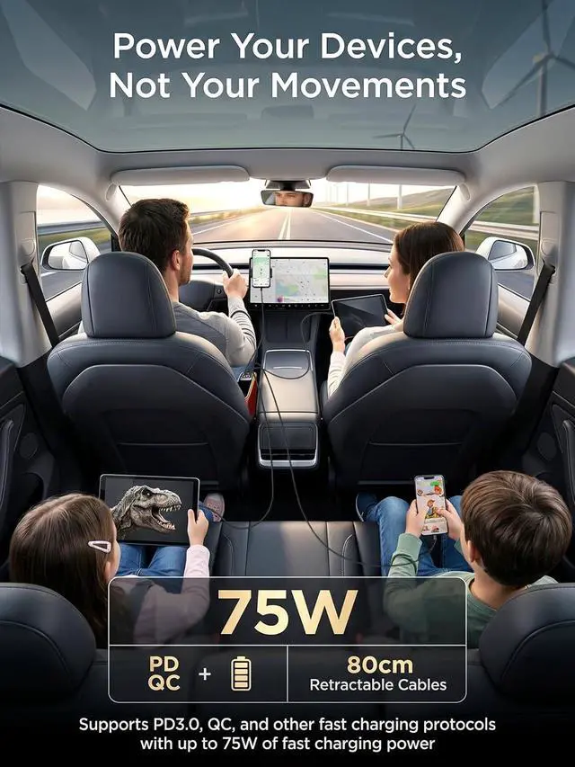 Alt view image 3 of 7 - 75W Retractable Car Charger with Car Seat Gap Filler 4 in1 Fast Charging Car Adapter Built-in 36W PD USB C Cable & Storage Organizer for Phone/Sunglasses/Cards No More Lost Items